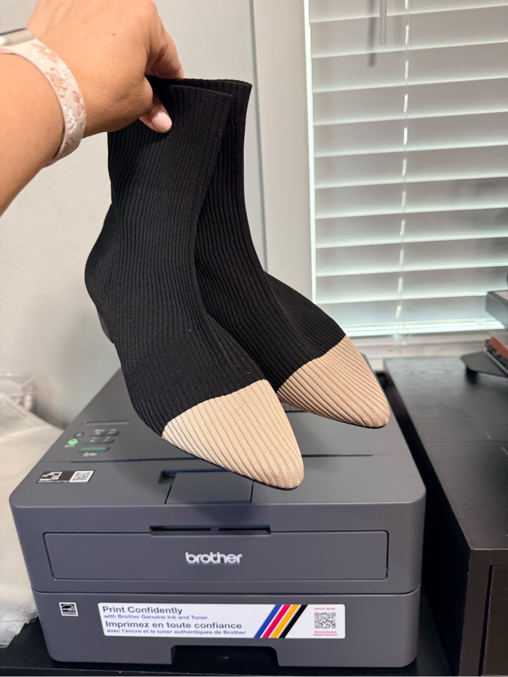 Black Ribbed Sock Boots with Beige Toe